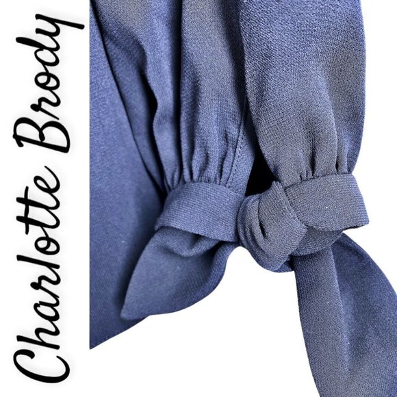 NWT CHARLOTTE BRODY Tie Sleeve Navy Double Georgette Blouse, Size Small - Picture 3 of 9